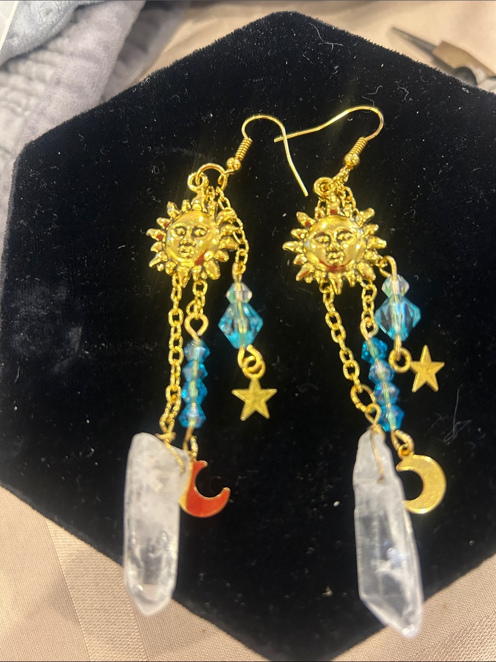 Gold Sun & Moon Quartz Crystal & Turquoise Crystal Drop Earrings-NWT